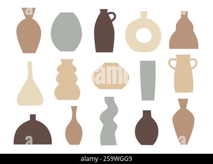 Collection of trendy interior vases. Ceramic pottery in minimalistic boho style in pastel earth colors. Vector design elements. Stock Vector
