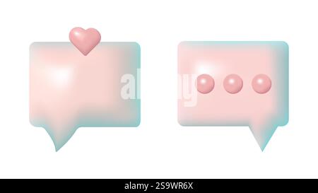 3D speech bubbles different shapes message icon. Heart and dots. For social media advertising posters. Vector isolated set. Stock Vector