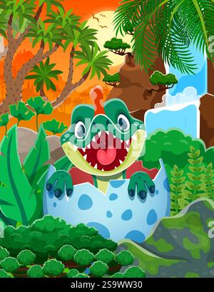 Cartoon dino kid in egg shell. Vector adorable newborn baby dinosaur emerges from a cracked egg in jungle with lush greenery and a waterfall backdrop. Stock Vector