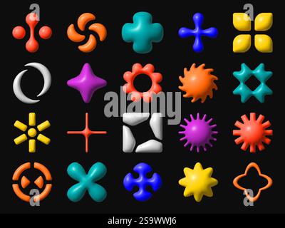 3d Y2K brutalism shapes in bold colors like orange, yellow, blue or purple, Vector figures feature smooth, glossy textures with playful geometric desi Stock Vector