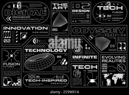 Retrofuturistic cyberpunk brutalism labels with abstract retro shapes, vector tags. Brutalism labels with futuristic technology and innovation tech 3D Stock Vector