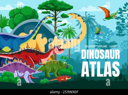 Cartoon prehistoric dinosaur characters atlas book cover vector template. Funny dino animals, jurassic reptiles and extinct birds in jungle forest. Cu Stock Vector