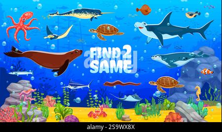 Kids game worksheet, find two same sea animals at underwater landscape. Details search riddle, same picture finding game worksheet with seal, shark, t Stock Vector
