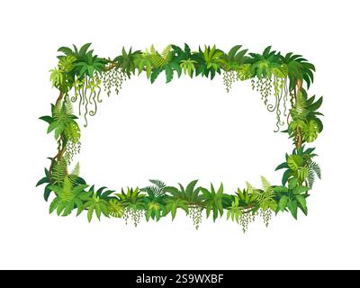 Frame of liana, jungle ivy and tropical rainforest vine leaves, vector background. Liana frame with vines of ivy leaf and monstera leaves or tropical Stock Vector