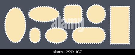 Beige postage stamps set. Post stamp frames and borders. Ellipse and rectangle template for mail, postcard, letter, note. Jagged wavy edge forms. Vector zigzag objects for badge, sticker, photo Stock Vector