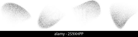 Abstract fading dotted gradient shapes. Black liquid stippled object set. Grainy spray spots and stains. Noise splashes and splatters forms. Dissolve sand dust texture. Vector halftone fluid elements Stock Vector