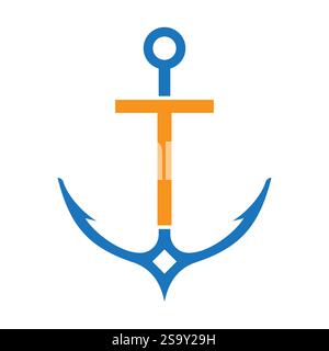 Initial Letter T Anchor Logo Design Concept For Boat, Ship, Yacht, Nautical Transport Symbol Stock Vector