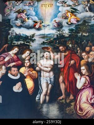 Jesus baptism painting, St. Mary's Church, Gdansk, Poland. Baptism painting by Jerzy Hoyer 1585. Church originally from 1300's. Close-up of the painti Stock Photo