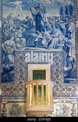 Evora, Portugal. Blue azulejo tiles on the wall, church interior. Stock Photo