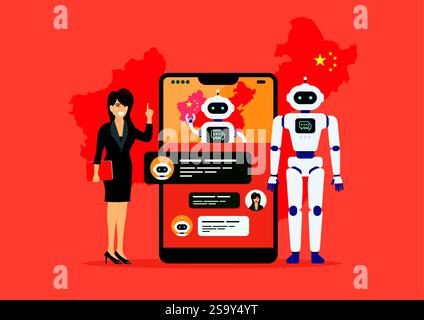 Business chinese woman is talking or chatting with chat bot. Artificial Intelligence. Vector illustration Stock Vector