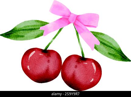 Watercolor Cherry bow vector, Vector watercolor cherries with a red bow isolated on white Stock Vector