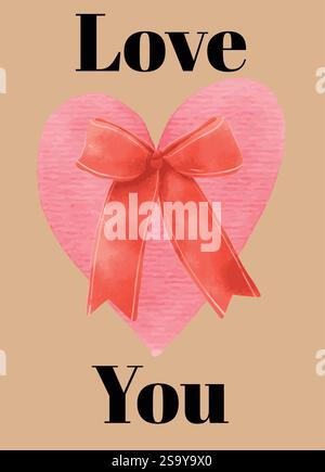 watercolor valentine love you vector card with heart and bow illustration, Creative concept of Happy Valentines Day cards set. Modern abstract art des Stock Vector