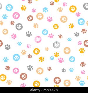 Vector hand drawn seamless pattern. Arranged paw prints of pets in polka dots pastel colors on whit background Stock Vector