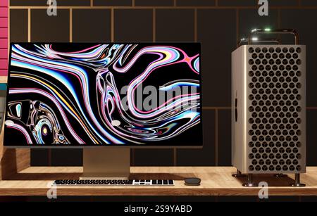 Apple pro collection Pro Display XDR, Mac Pro , Keyboard and Mouse Stock Photo