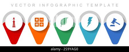 Fuel and energy pointer collection, miscellaneous icons such as oil and gas, calculator, leaf, bolt and auction, flat design vector infographic templa Stock Vector