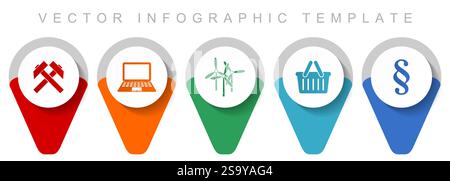 Commerce pointer collection, miscellaneous icons such as mining, laptop, wind turbine, shop basket and law, flat design vector infographic template in Stock Vector