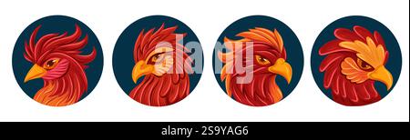 Vector set of phoenix portrait clip art. Collection of mythological birds in round icons isolated from background. Roosters and parrots in circles Stock Vector