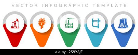 Industrial pointer collection, miscellaneous icons such as oil industry, electricity, factory and nuclear power plant, flat design vector infographic Stock Vector