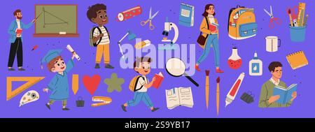 Set of school supplies. Teacher, graduate, student, high school student, backpack, button, books, scissors, pen, marker, lamp, microscope. Hand drawn Stock Vector