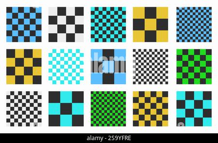 Set of vibrant seamless checkered patterns with grid designs. Square, block, tile, and chess inspired elements in Y2K style. High quality vector illus Stock Vector
