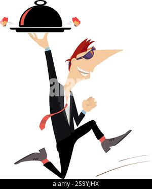Server carries a cloche serving plate.  Cartoon running man holds a tray with a cloche serving plate. Isolated on white background Stock Vector