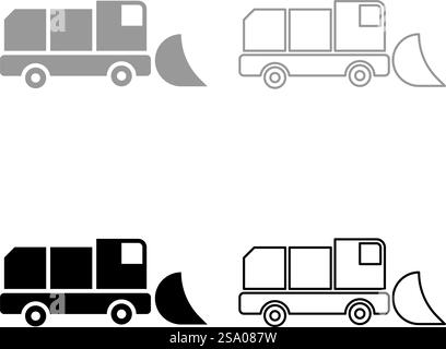Snowblower snow clear machine snowplow truck plough clearing vehicle equipped seasons transport winter highway service equipment clean set icon grey black color vector illustration image simple solid fill outline contour line thin flat style. Snowblower snow clear machine snowplow truck plough clearing vehicle equipped seasons transport winter highway service equipment clean set icon grey black color vector illustration image solid fill outline contour line thin flat style Stock Vector