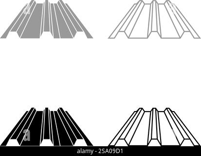 Roof metal rooftop steel profile sheets roofing concept ribbed corrugated metallic panel siding tile set icon grey black color vector illustration image simple solid fill outline contour line thin flat style. Roof metal rooftop steel profile sheets roofing concept ribbed corrugated metallic panel siding tile set icon grey black color vector illustration image solid fill outline contour line thin flat style Stock Vector