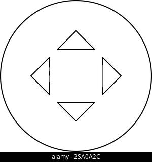Four arrows pointing from the center symbol location icon in circle round black color vector illustration image outline contour line thin style simple. Four arrows pointing from the center symbol location icon in circle round black color vector illustration image outline contour line thin style Stock Vector