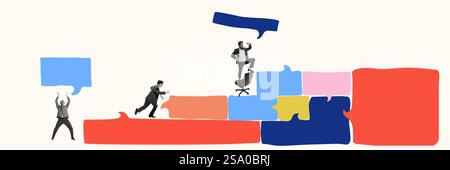 Professionals collaborating on project using vibrant puzzle-like speech bubbles, achieving goals in business. Conceptual art collage. Stock Photo