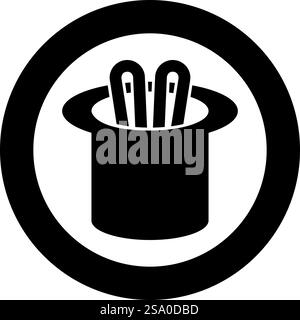 Hare ears in wizard&rsquo;s hat wizard conjure cylinder bunny rabbit appearing trick concept icon in circle round black color vector illustration image solid outline style simple. Hare ears in wizard&rsquo;s hat wizard conjure cylinder bunny rabbit appearing trick concept icon in circle round black color vector illustration image solid outline style Stock Vector