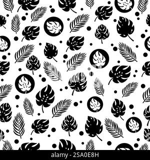 Seamless pattern monstera leaf with palm leaf vector Stock Vector
