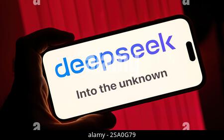 Paris, France - Jan 28, 2025: DeepSeek logo and tagline displayed on a smartphone screen held against a red illuminated background, highlighting bold Stock Photo