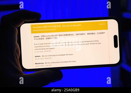 Paris, France - Jan 28, 2025: Notification regarding DeepSeek's degraded API performance due to malicious attacks, limiting new registrations while ex Stock Photo