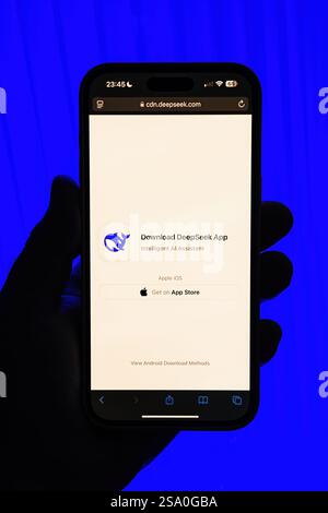 Paris, France - Jan 28, 2025: Smartphone screen displaying the download page for the DeepSeek app, featuring an option to get it from the App Store, a Stock Photo
