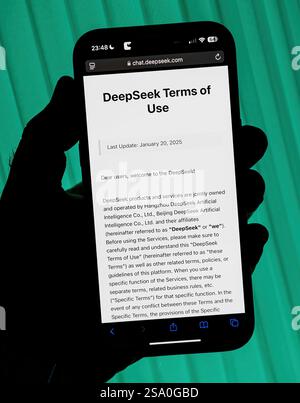 Paris, France - Jan 28, 2025: DeepSeek Terms of Use, last updated on January 20, 2025, detail guidelines and policies for users, emphasizing specific Stock Photo