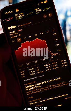 Paris, France - Jan 28, 2025: Smartphone screen displaying NVIDIA stock performance over the past week, showing a sharp decline. News highlights DeepS Stock Photo