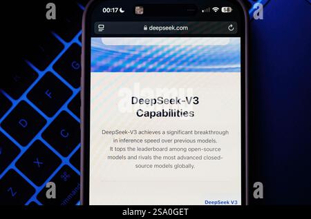 Paris, France - Jan 28, 2025: Smartphone screen showing DeepSeek-V3 capabilities and performance Stock Photo