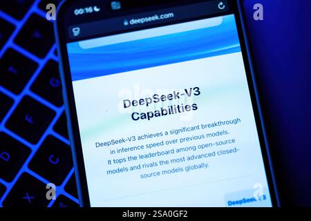 Paris, France - Jan 28, 2025: Smartphone screen displaying the DeepSeek-V3 capabilities, highlighting its performance advancements and benchmarks, pla Stock Photo