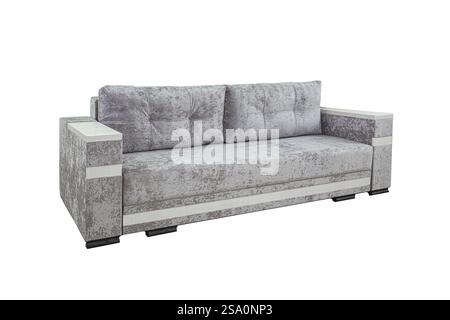 Gray sofa with velor fabric pillows isolated on a white background. Cushioned furniture. Stock Photo