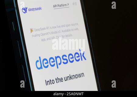 Website homepage of DeepSeek, a Chinese artificial intelligence startup based in Hangzhou, is seen on the screen of an iPhone. Stock Photo