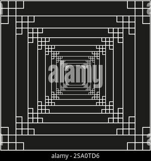 Geometric tunnel illustration. Abstract perspective grid. Black white symmetry. Endless square pattern. Stock Vector