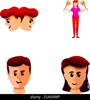 Schizophrenia icons set cartoon vector. Person with mental illness. Depresion, dementia, disease. Schizophrenia icons set cartoon vector. Person with mental illness Stock Vector