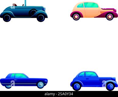 Retro car icons set cartoon vector. Various vintage automobile. Classic old car. Retro car icons set cartoon vector. Various vintage automobile Stock Vector