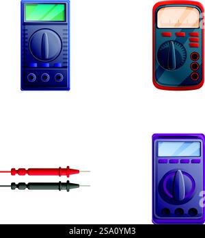 Digital multimeter icons set cartoon vector. Voltage, amperage, ohmmeter. Electrical measuring instrument. Digital multimeter icons set cartoon vector. Voltage, amperage, ohmmeter Stock Vector