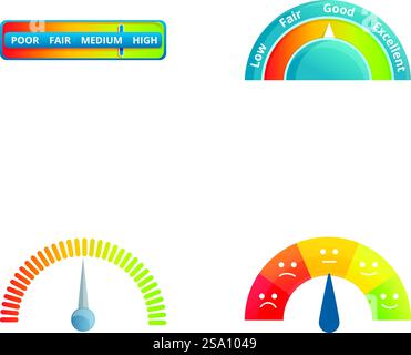 Speedometer icons set cartoon vector. Various measuring device. Indicator, measurement concept. Speedometer icons set cartoon vector. Various measuring device Stock Vector