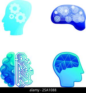 Creative thinking icons set cartoon vector. Gear inside human brain. Intelligence, idea, creative. Creative thinking icons set cartoon vector. Gear inside human brain Stock Vector