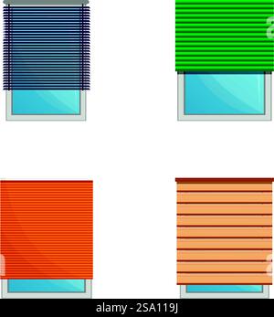 Window decoration icons set cartoon vector. Blinds in various color. Light protection device, interior decoration. Window decoration icons set cartoon vector. Blinds in various color Stock Vector