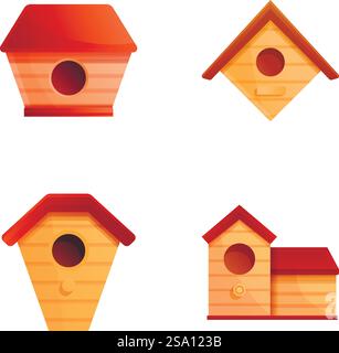 Handmade birdhouse icons set cartoon vector. Various wooden birdhouse. Wooden house for bird. Handmade birdhouse icons set cartoon vector. Various wooden birdhouse Stock Vector