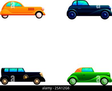 Vintage car icons set cartoon vector. Various retro automobile. Classic old car. Vintage car icons set cartoon vector. Various retro automobile Stock Vector