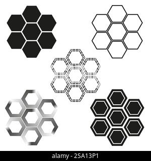 Hexagon shapes collection. Geometric honeycomb symbols. Abstract vector elements. Black and white design. Stock Vector